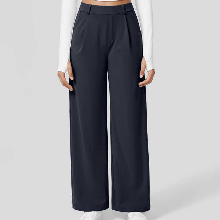 Pantaloni da Lavoro da Donna a Vita Alta - Fronte Pieghettato e Gamba Larga Fluida