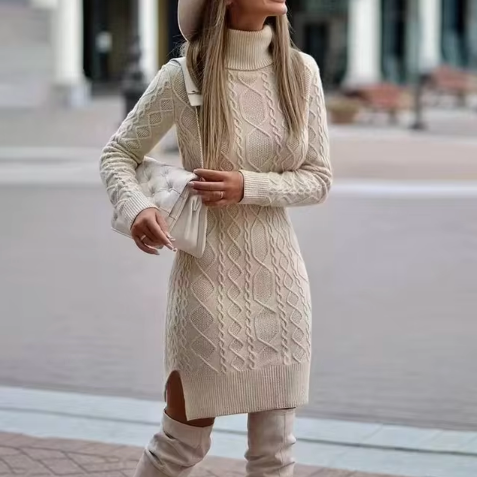 Abito Maglione in Maglia da Donna - Lavorazione a Treccia e Collo Alto