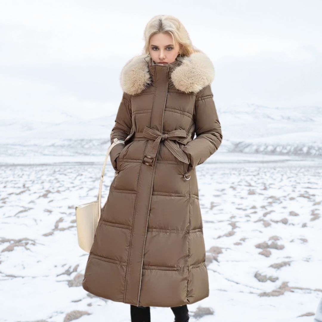 Parka Maxi da Donna con Cappuccio - Vita Cintureta e Dettaglio Finiture Morbide