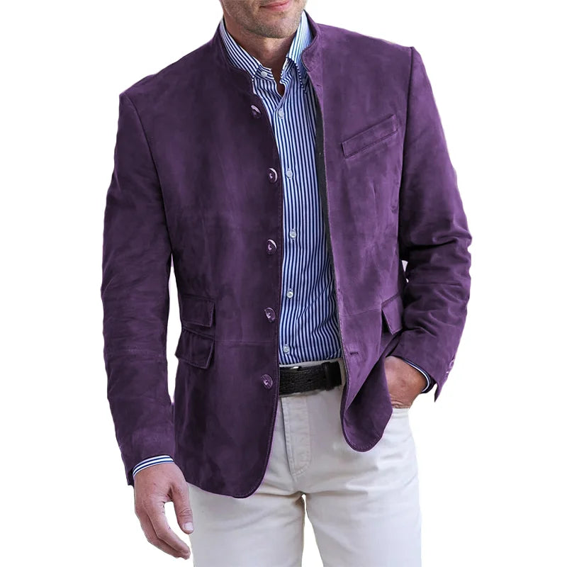 Blazer da Uomo in Suede con Collo a Fascia - Design con Bottoni
