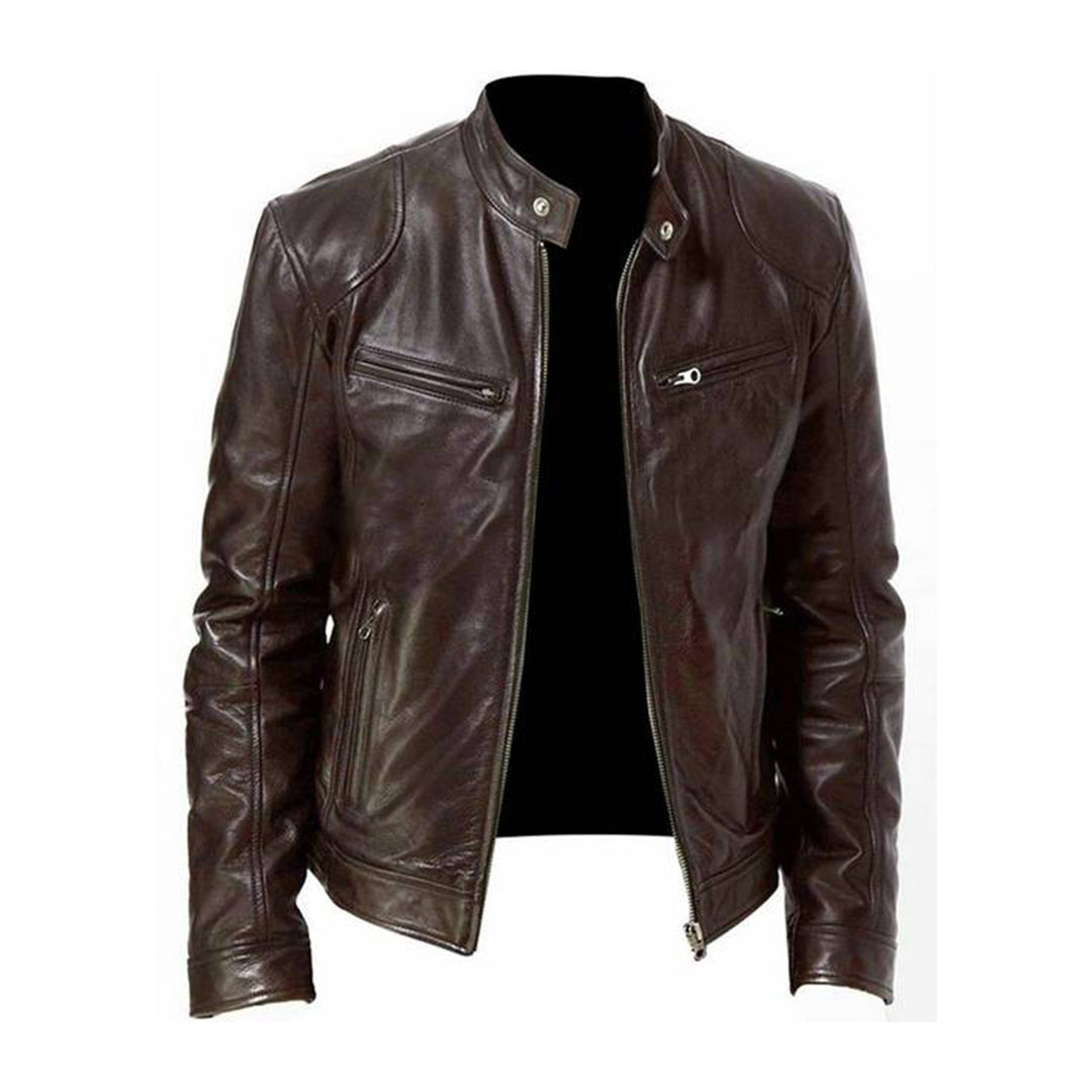 Giacca in Pelle da Uomo - Stile Biker con Collo Alto e Cerniera Dritta