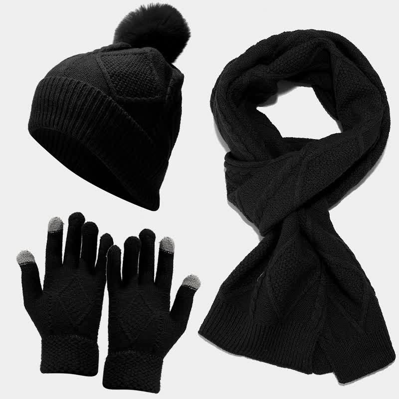 Set Invernale da Donna - Cappello con Pom Pom, Sciarpa e Guanti Touchscreen