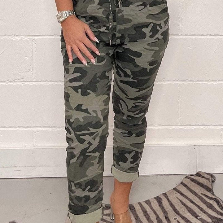 Pantaloni Stampa Leopardata Donna Elegante - Anche Stile Mimetico