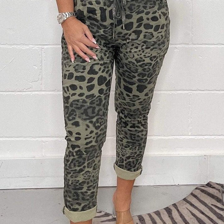 Pantaloni Stampa Leopardata Donna Elegante - Anche Stile Mimetico
