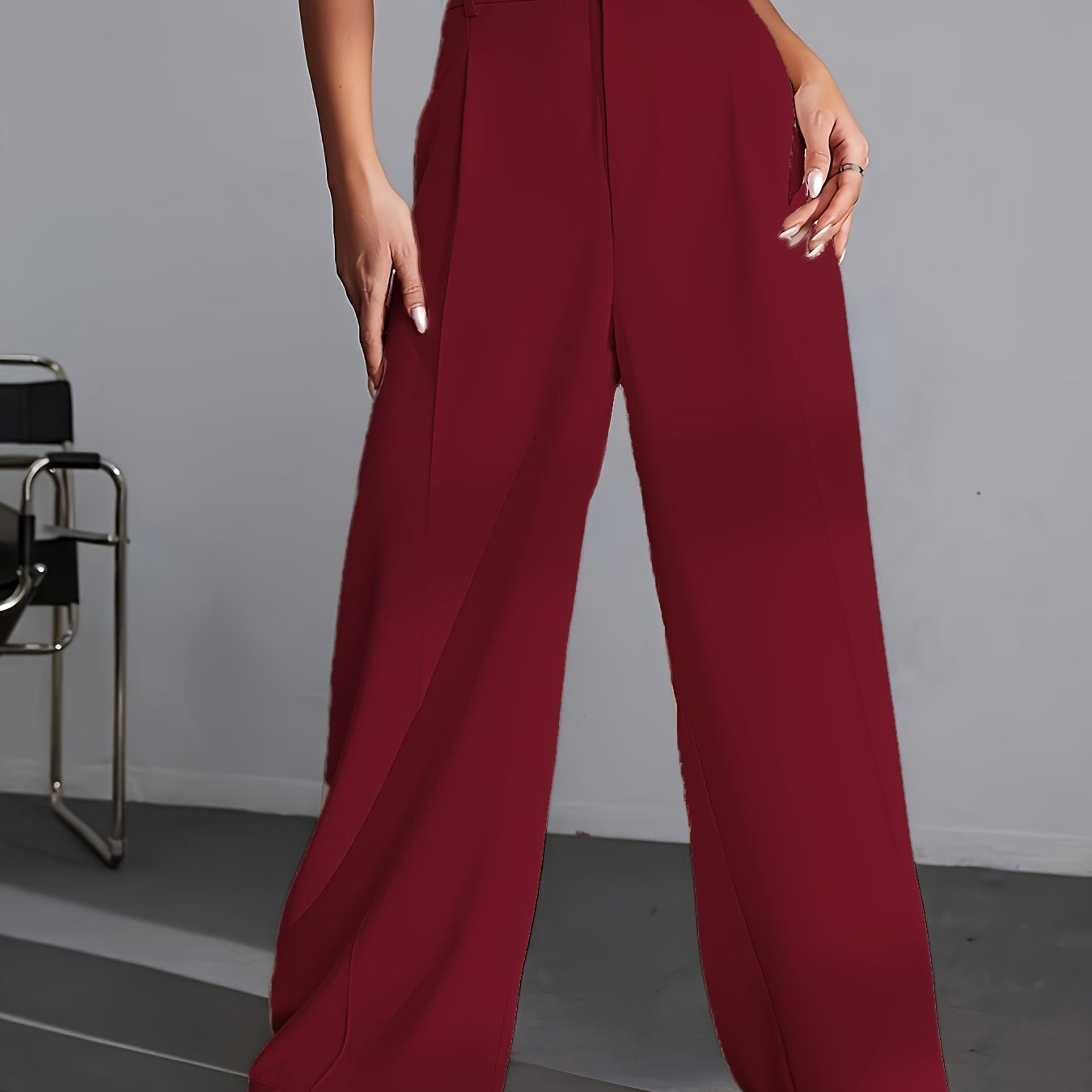 Pantaloni da Lavoro da Donna a Vita Alta e Gamba Larga - Fronte Pieghettato