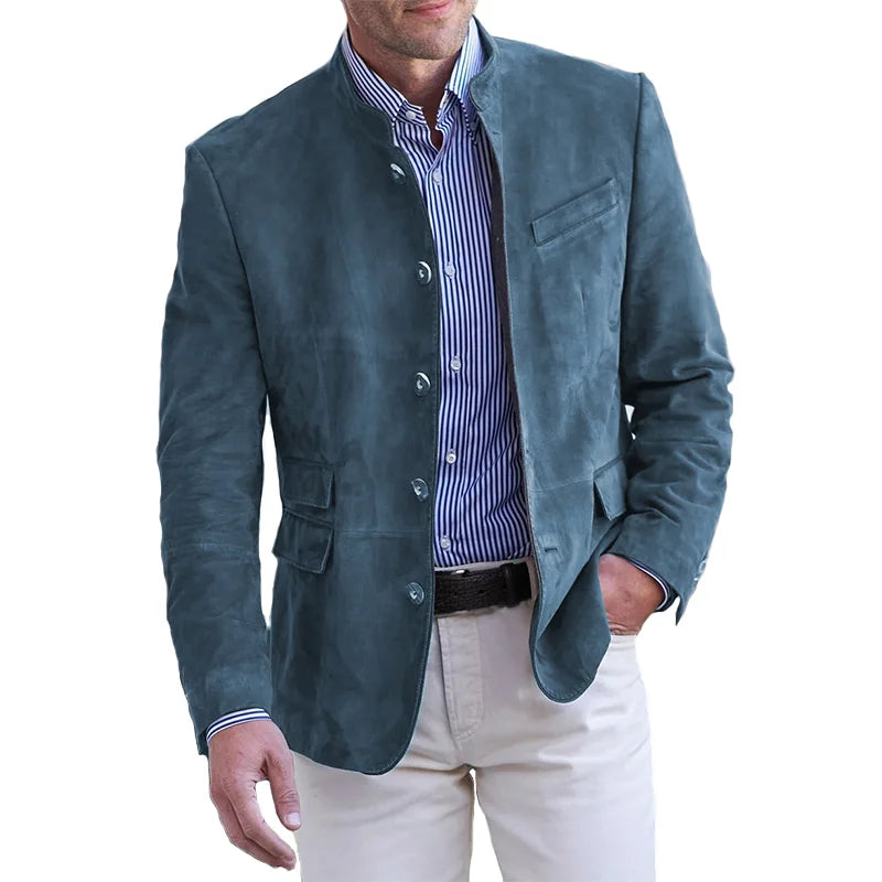 Blazer da Uomo in Suede con Collo a Fascia - Design con Bottoni
