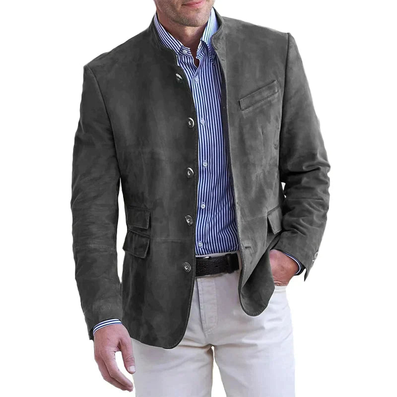 Blazer da Uomo in Suede con Collo a Fascia - Design con Bottoni