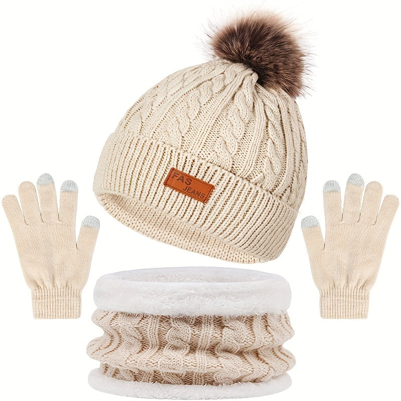 Set Invernale da Donna - Cappello con Pom Pom, Guanti Touchscreen e Scaldacollo