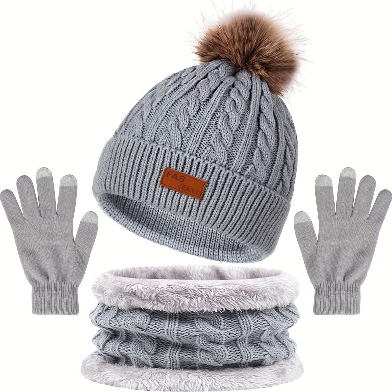 Set Invernale da Donna - Cappello con Pom Pom, Guanti Touchscreen e Scaldacollo