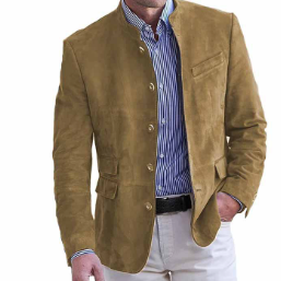 Blazer da Uomo in Suede con Collo a Fascia - Design con Bottoni