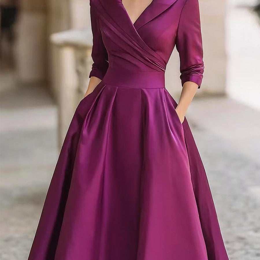 Vestito Midi da Donna - Ampio Colletto Scialle e Gonna a Trapezio Plissettata