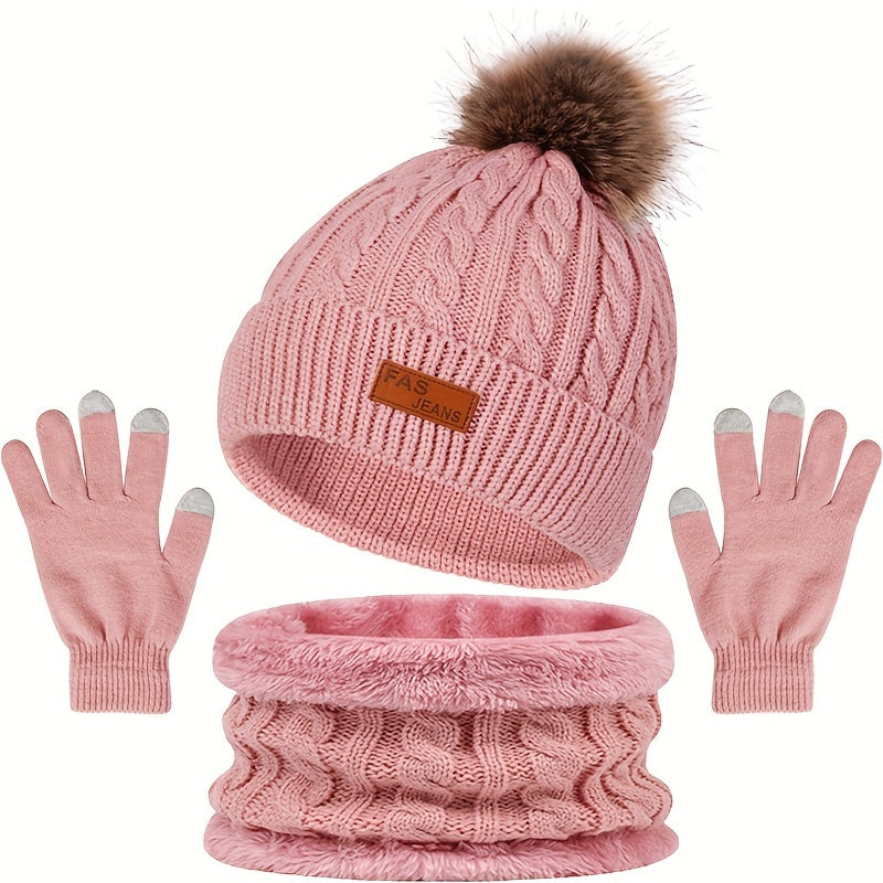 Set Invernale da Donna - Cappello con Pom Pom, Guanti Touchscreen e Scaldacollo