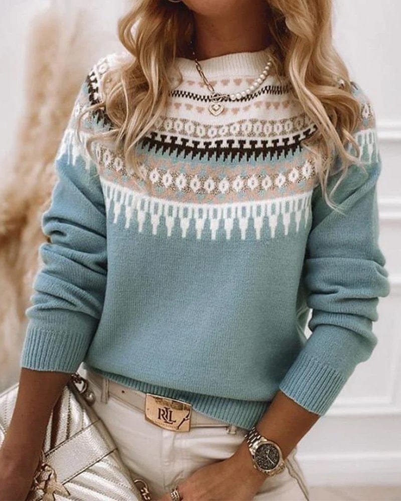 Maglione da Donna con Motivo Fair Isle - Pullover con Collo Rotondo