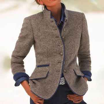 Blazer Marrone-Blu para Mujer - Con Cuello Alto y Cierre de Botones