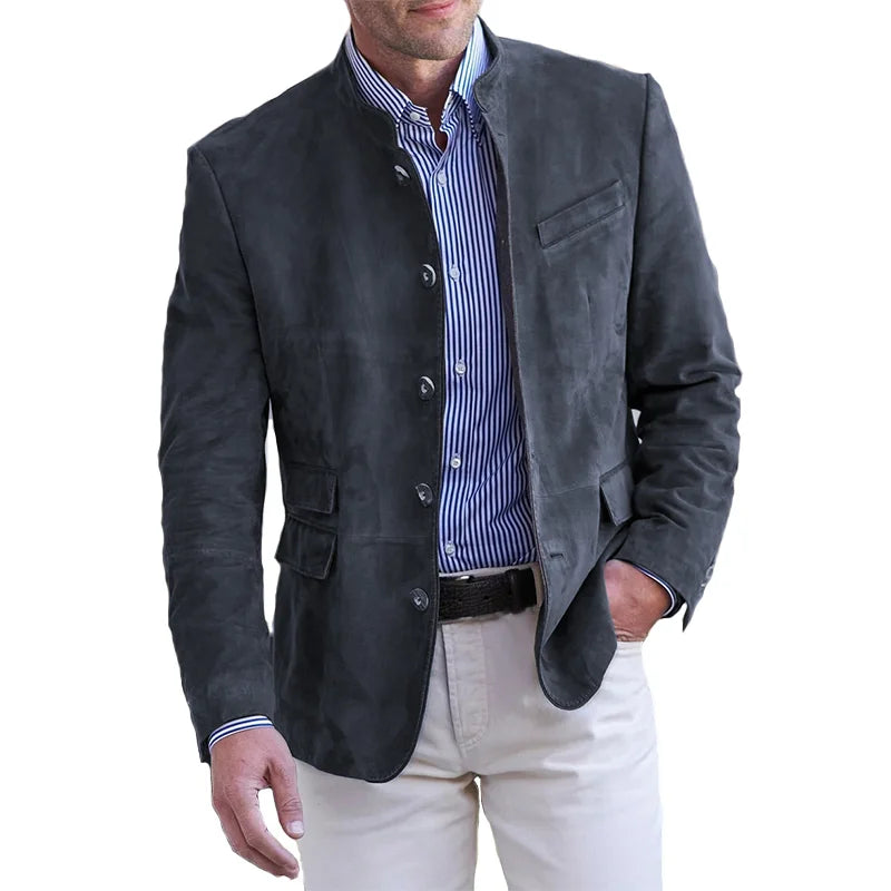 Blazer da Uomo in Suede con Collo a Fascia - Design con Bottoni