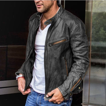 Giacca da Moto in Pelle Distressed da Uomo - Tasche con Cerniera