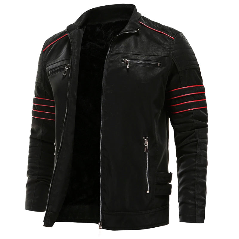 Chaqueta de Motociclista de Piel Negra para Hombre – Detalles con Rayas Rojas