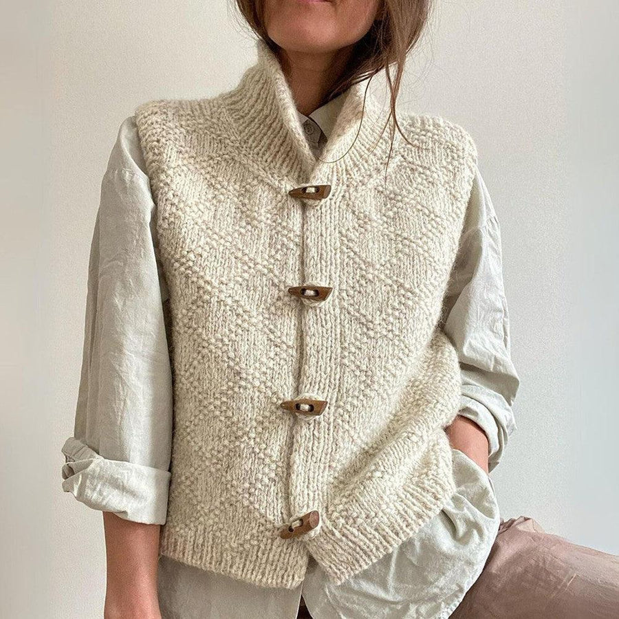Gilet da Donna Lavorato a Maglia Beige - Chiusura a Olivetta e Collo Alto