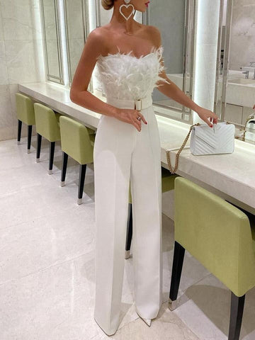 Azalea - Tuta Elegante con Top a Tubo Decorato con Piume per Donna