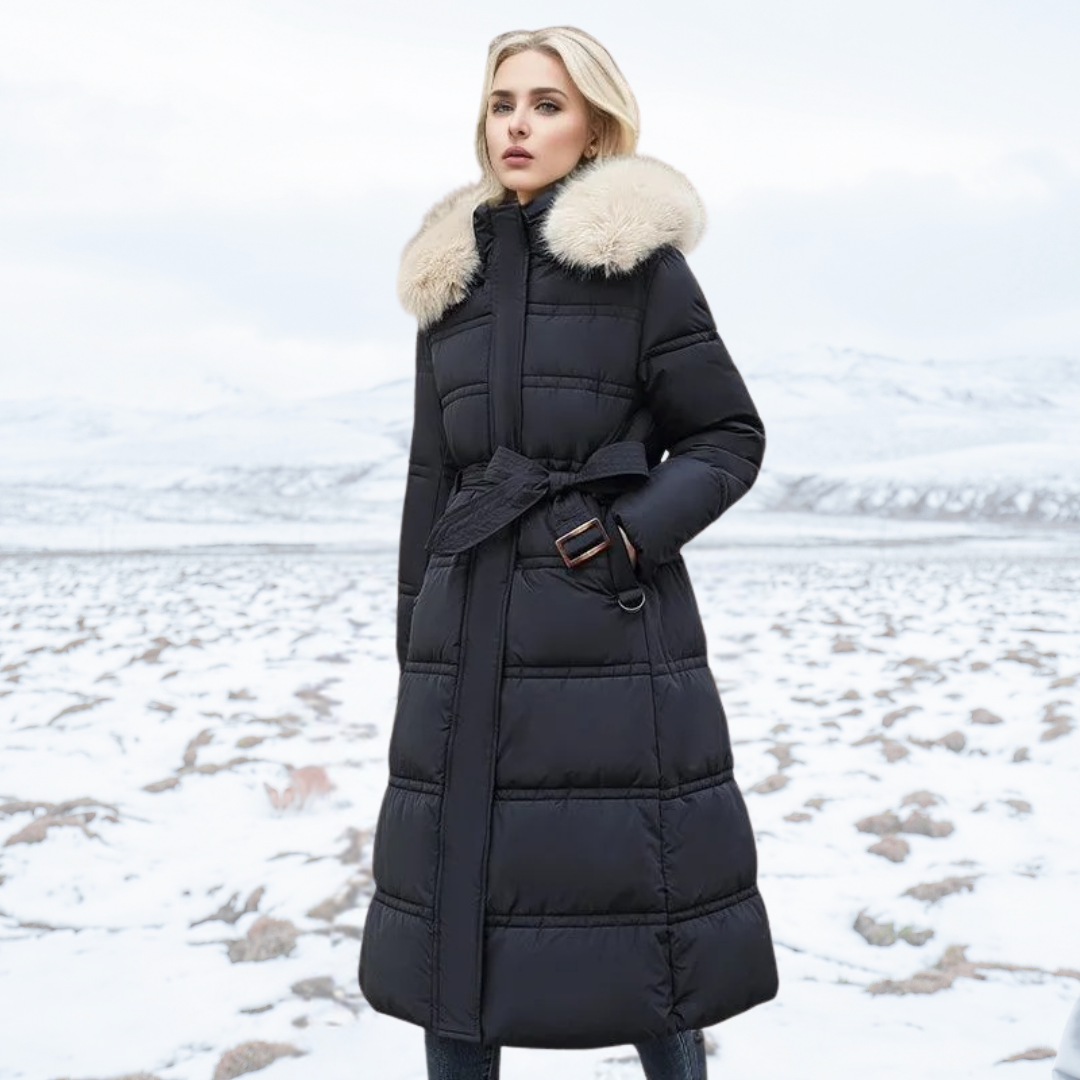 Parka Maxi da Donna con Cappuccio - Vita Cintureta e Dettaglio Finiture Morbide