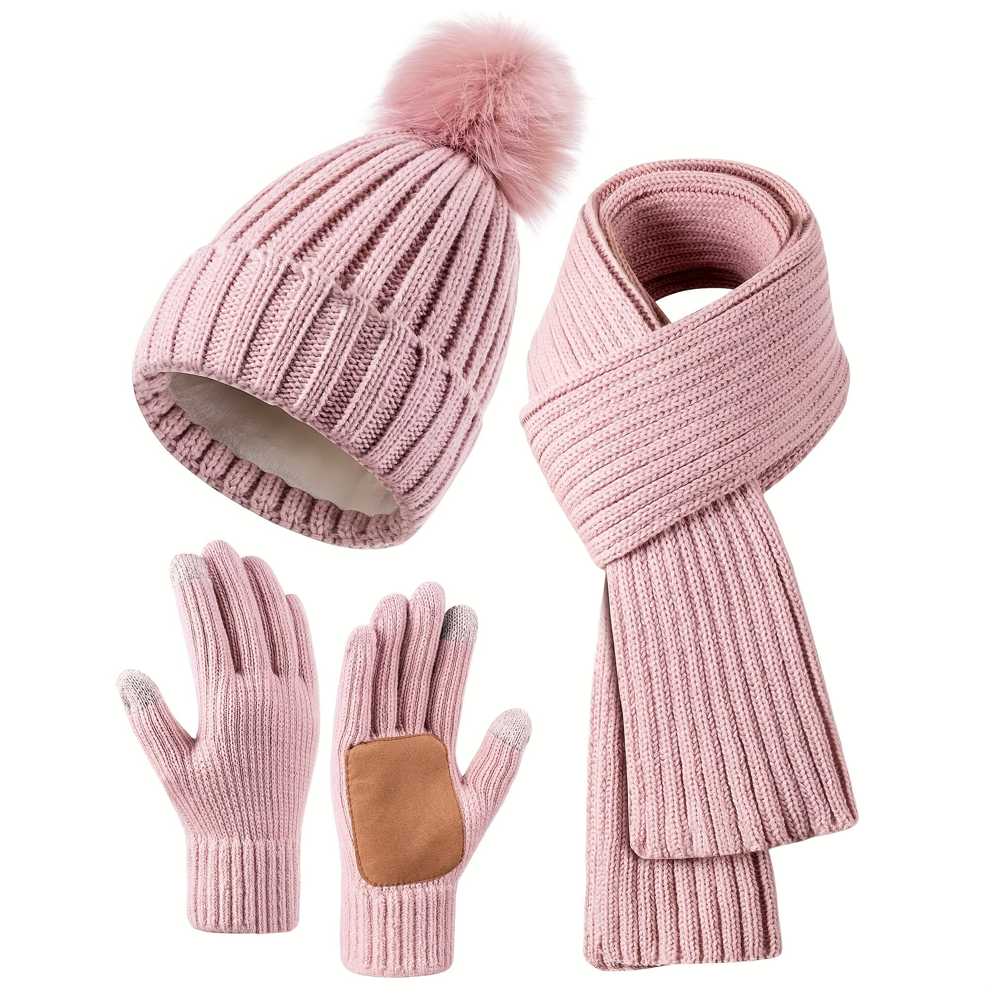 Set Invernale da Donna da 3 Pezzi - Berretto con Pom-Pom, Sciarpa e Guanti Touchscreen