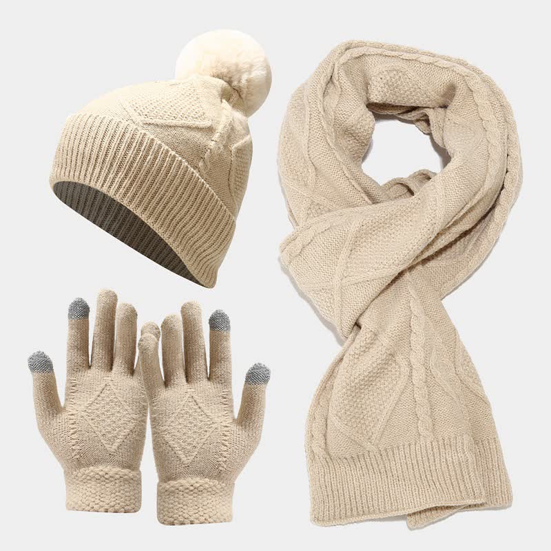Set Invernale da Donna - Cappello con Pom Pom, Sciarpa e Guanti Touchscreen