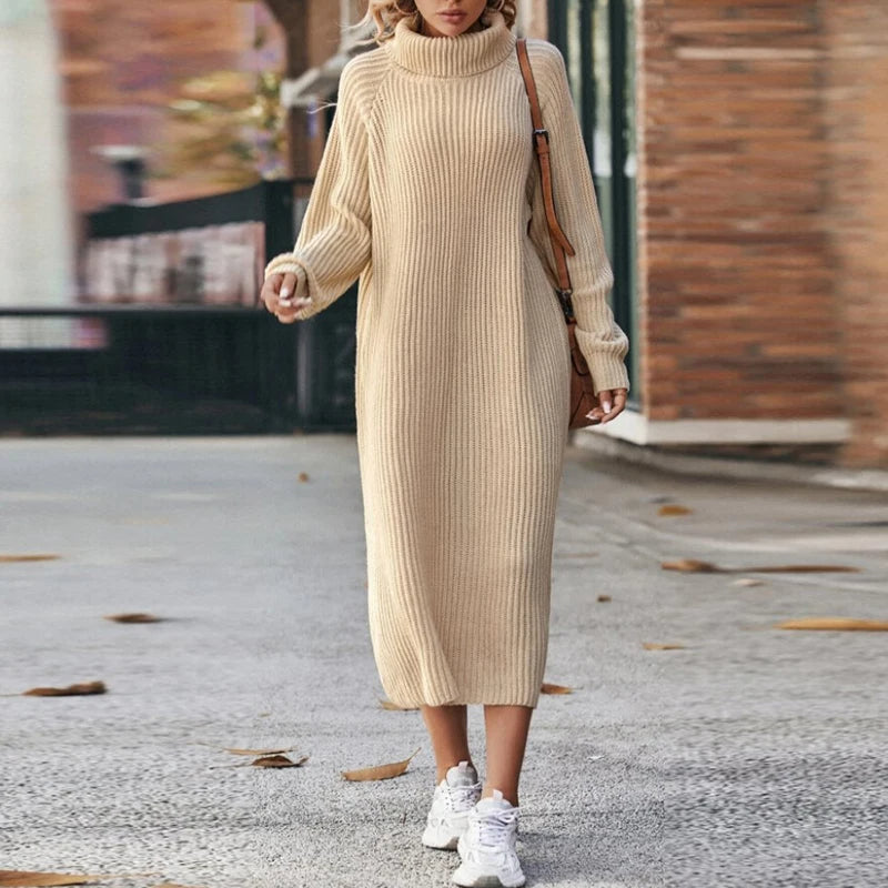 Vestido Suéter de Punto para Mujer – Cuello Alto y Manga Larga