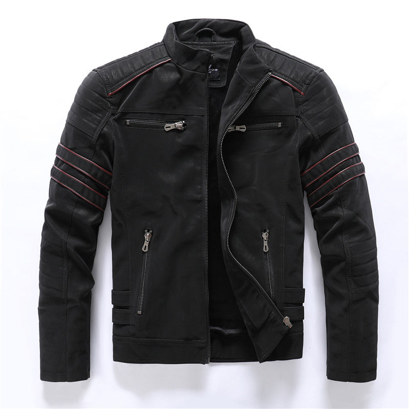 Chaqueta Biker para Hombre - Cuello Alto y Detalle de Rayas Rojas
