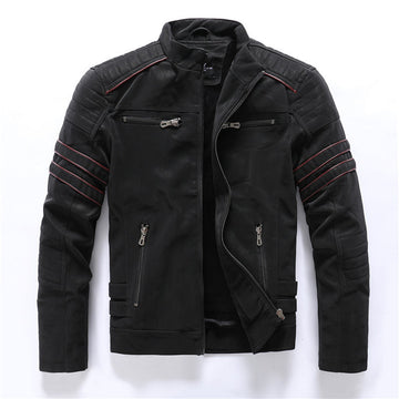 Chaqueta Biker para Hombre - Cuello Alto y Detalle de Rayas Rojas