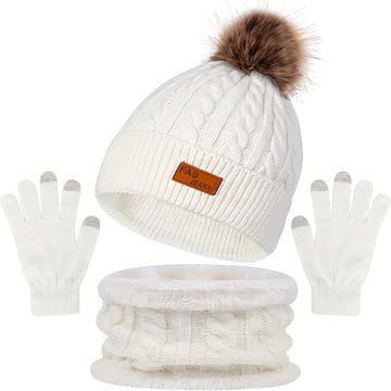 Set invernal para mujer - Gorro con pompón, guantes táctiles y braga de cuello