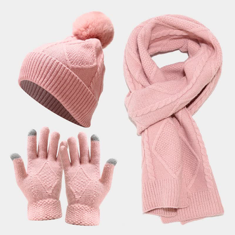 Set Invernale da Donna - Cappello con Pom Pom, Sciarpa e Guanti Touchscreen
