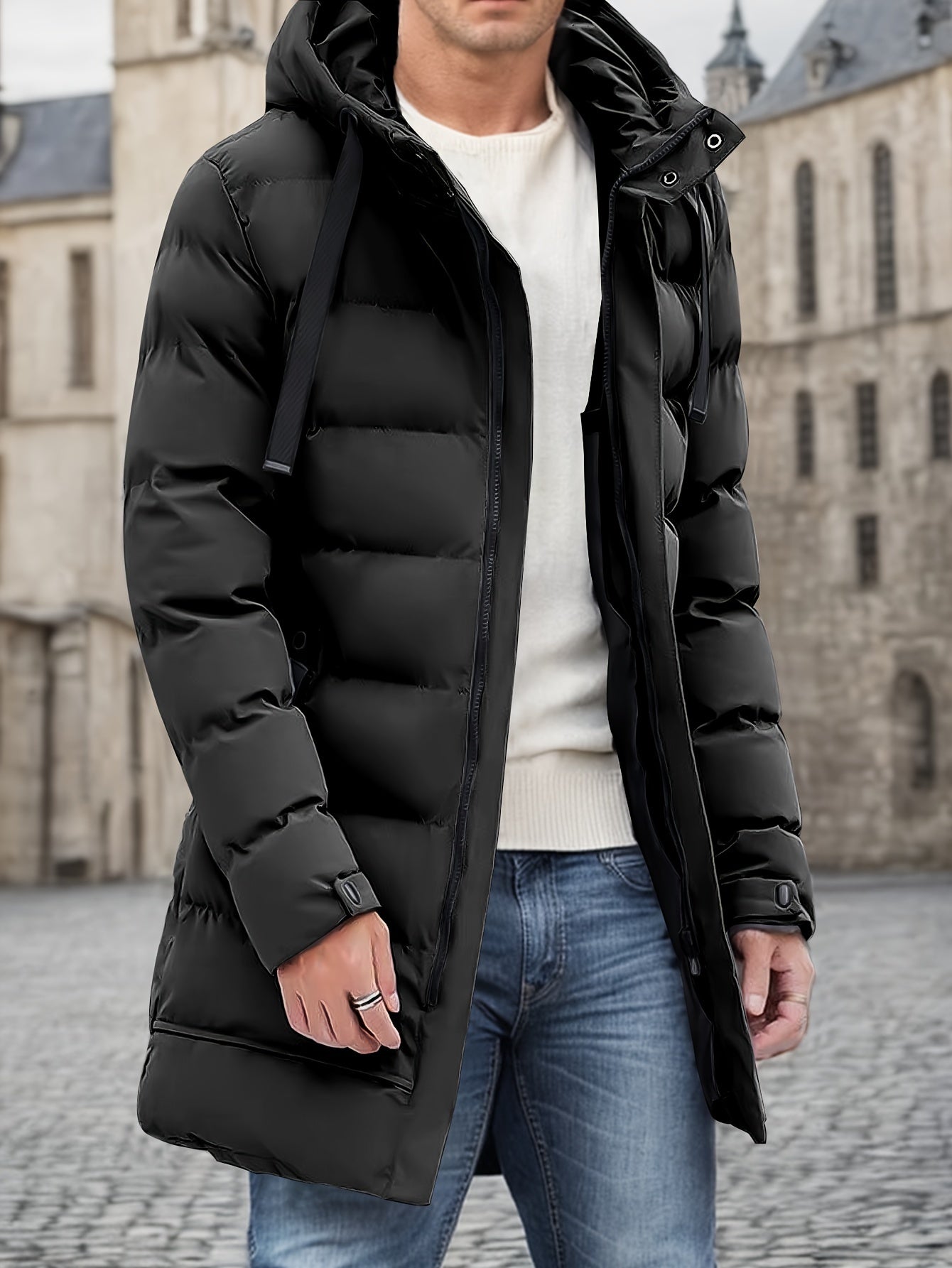 Abrigo Acolchado Largo para Hombre - Diseño con Capucha y Cremallera Integral
