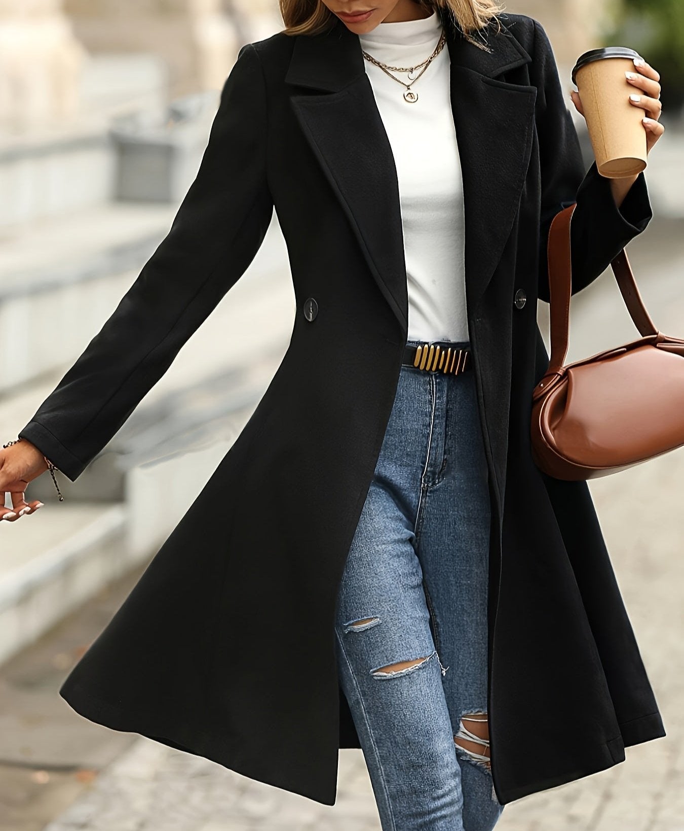 Hanna - Cappotto Autunnale Svasato Nero Classico per Donna