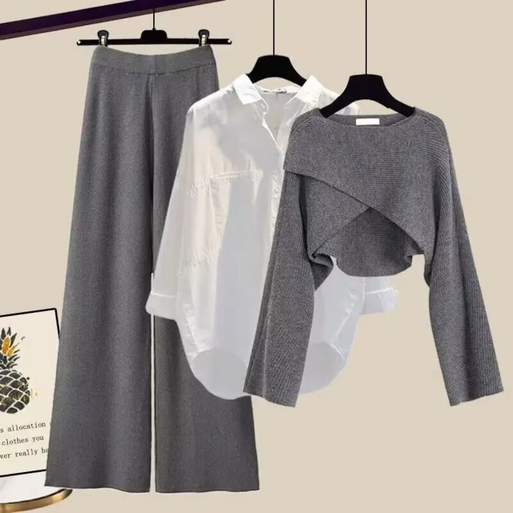 Conjunto completo de tres piezas para mujer - Con suéter corto, camisa con botones y pantalones