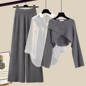 Conjunto completo de tres piezas para mujer - Con suéter corto, camisa con botones y pantalones