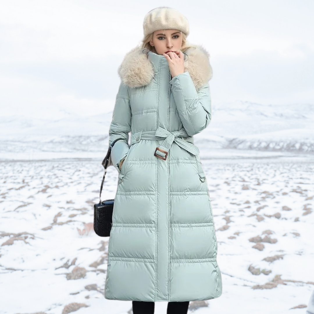 Parka Maxi da Donna con Cappuccio - Vita Cintureta e Dettaglio Finiture Morbide
