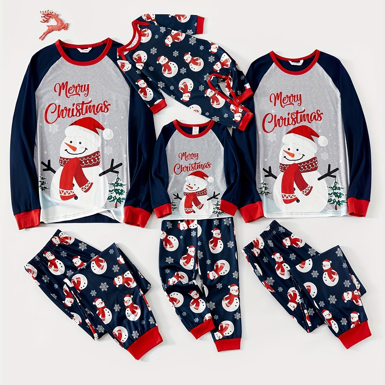 Set Pigiama Famiglia Blu Natale - Pupazzo di Neve e Maniche Raglan