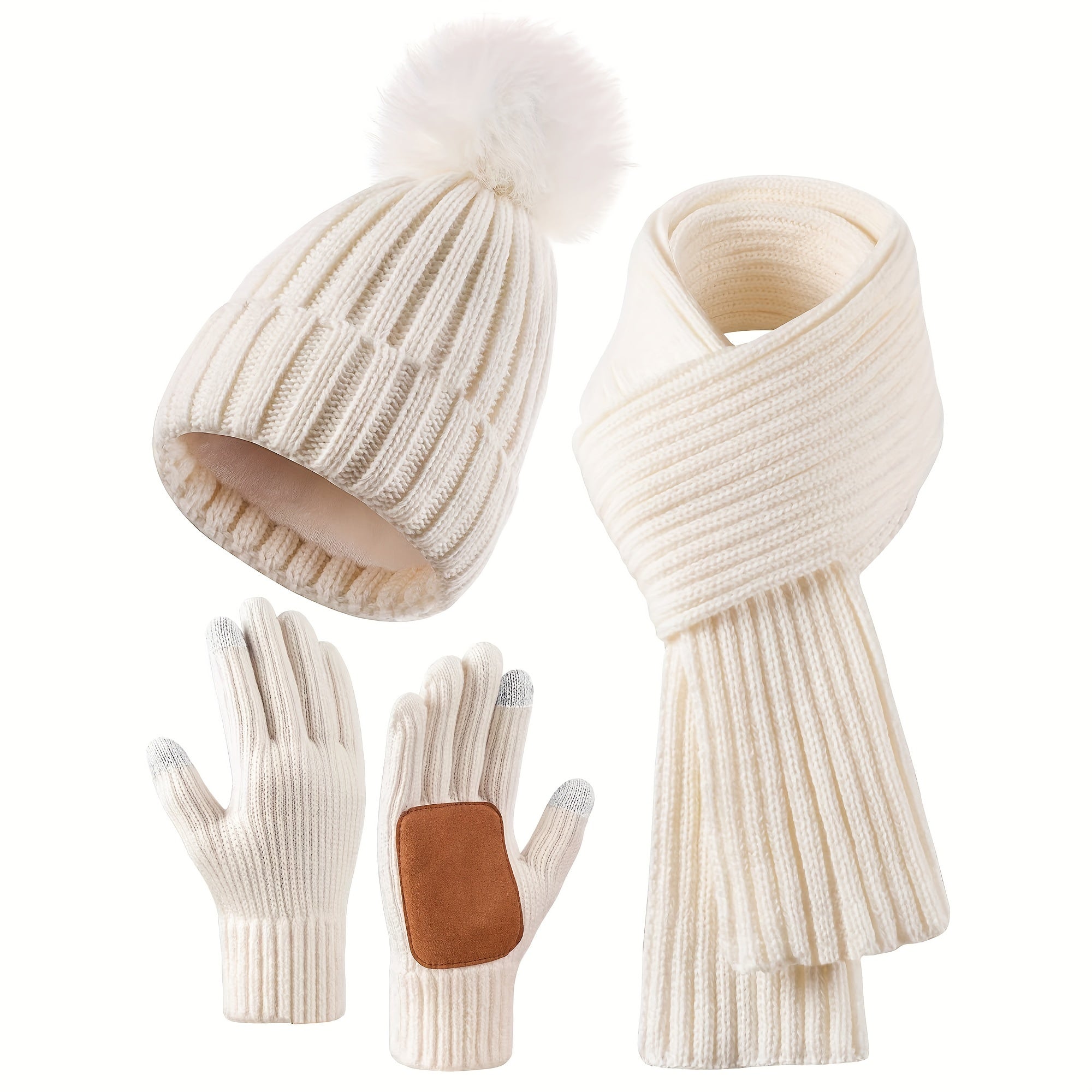 Set Invernale da Donna da 3 Pezzi - Berretto con Pom-Pom, Sciarpa e Guanti Touchscreen
