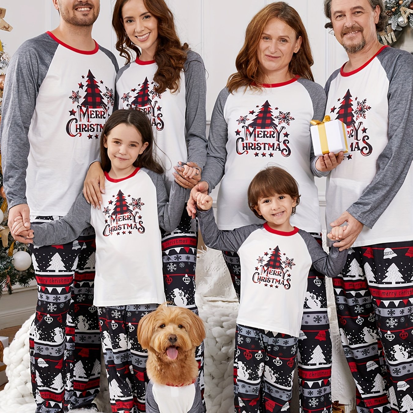 Set Pigiama Famiglia Grigio Natale - Maniche Raglan e Albero