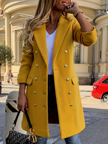 Cappotto Lungo Doppiopetto da Donna Giallo - Con Collo con Revers e Bottoni Dorati