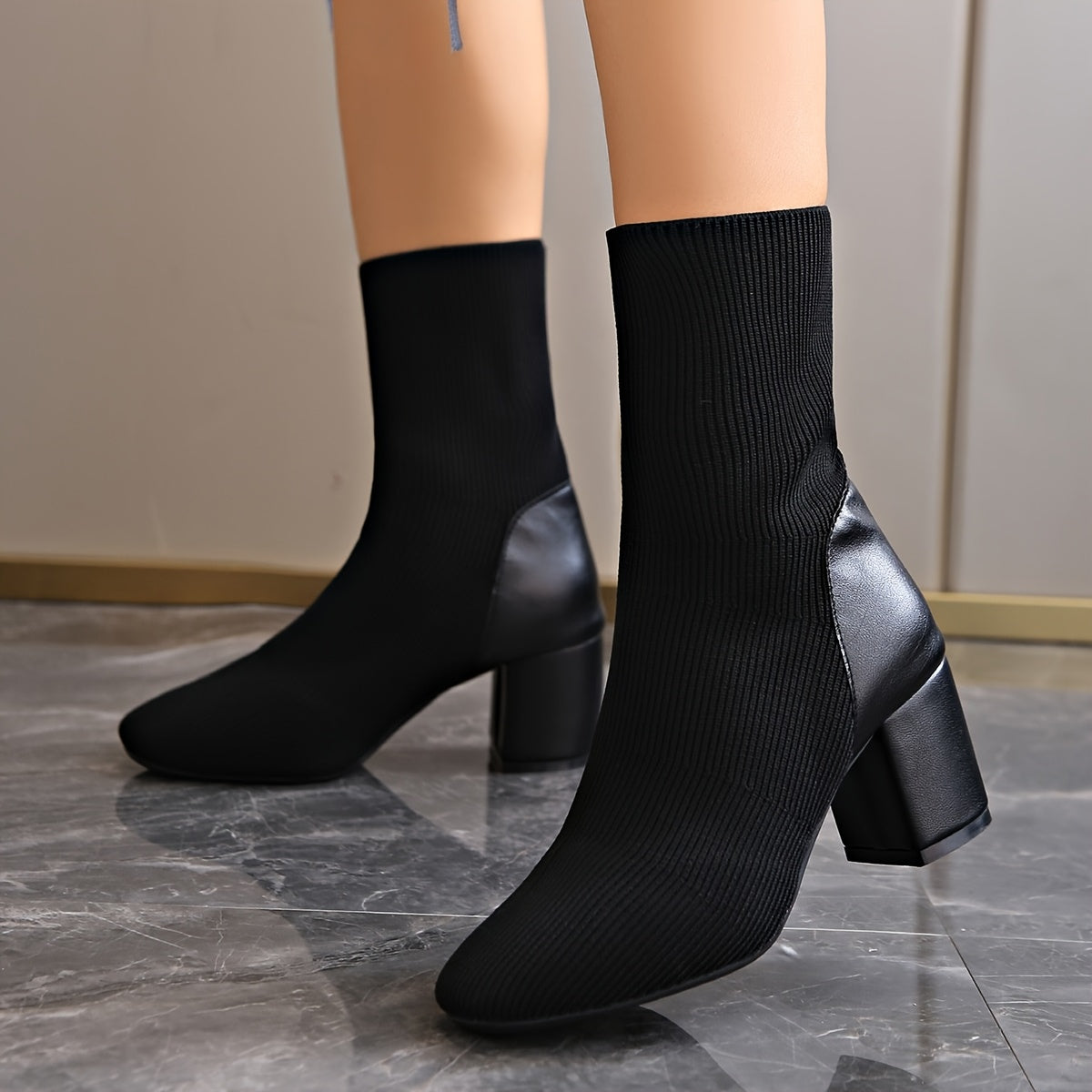 Botines negros de mujer - Tejidos a punto y tacón grueso