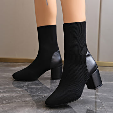 Botines negros de mujer - Tejidos a punto y tacón grueso