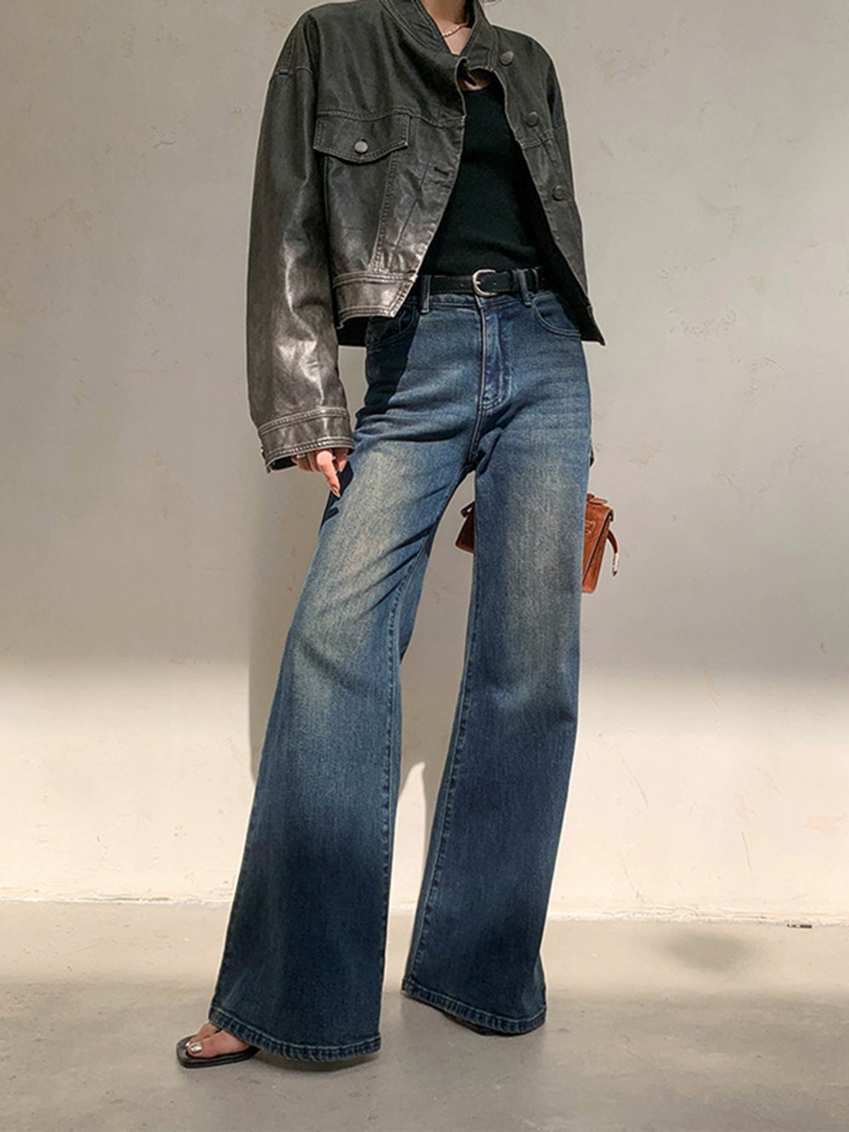 Jeans a Zampa Larga a Vita Alta Blu da Donna - Lavaggio Vintage