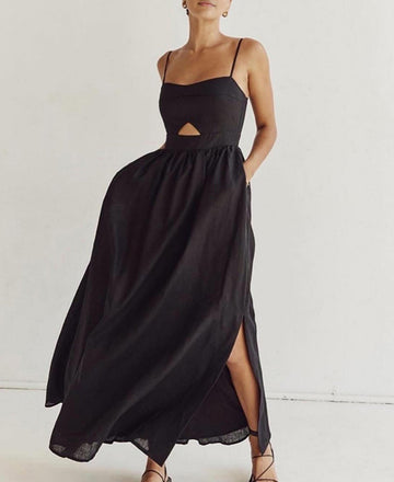 Abito Lungo Donna Nero Senza Maniche con Tasche e Cutout - Casual Estivo