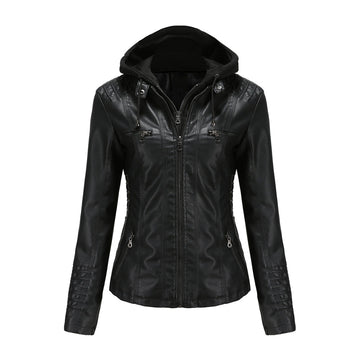 Chaqueta de piel para mujer con capucha - Ajuste slim