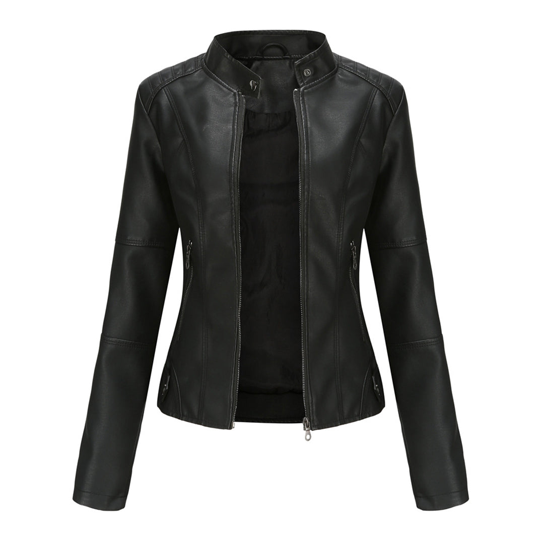 Chaqueta de piel para mujer - Estilo biker con cuello alto