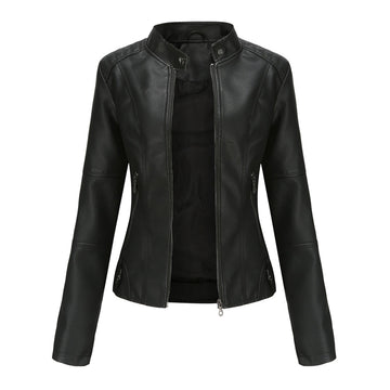 Chaqueta de piel para mujer - Estilo biker con cuello alto