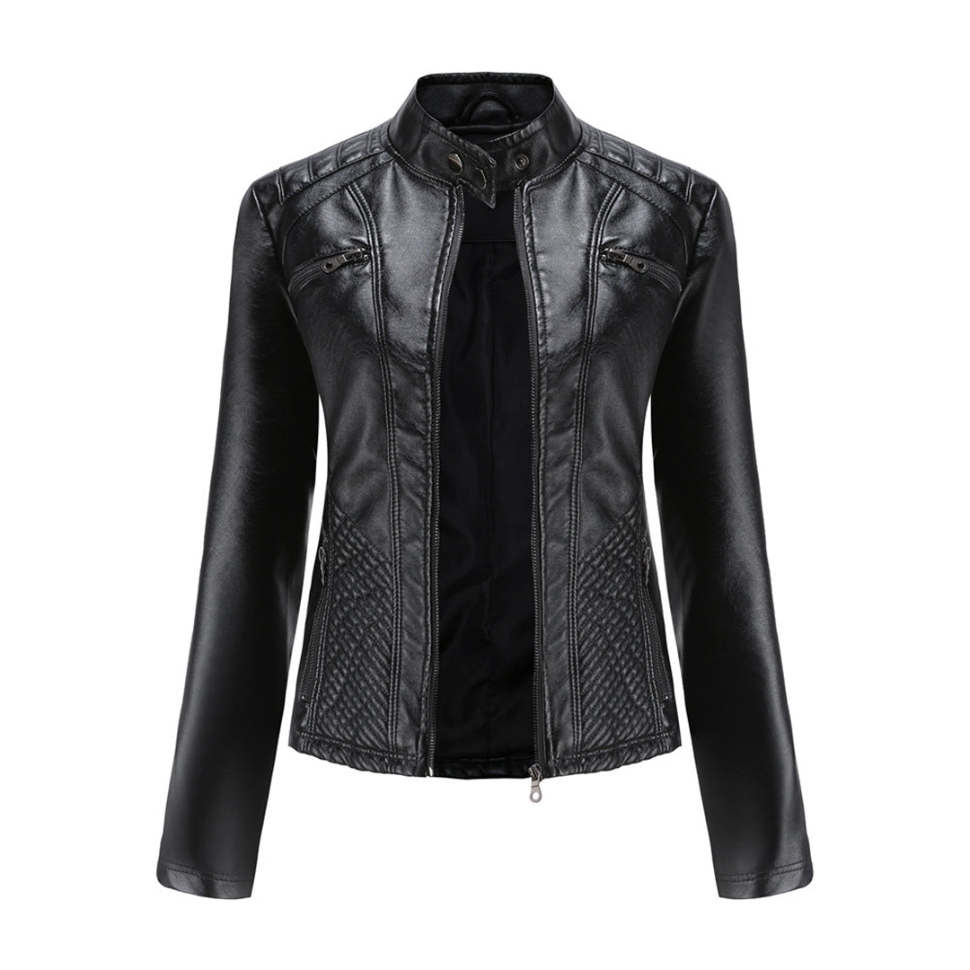 Chaqueta de piel para mujer - Cuello alto y detalles acanalados