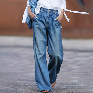 Jeans Blu a Gamba Larga da Donna – Vita Alta con Fronte Pieghettato
