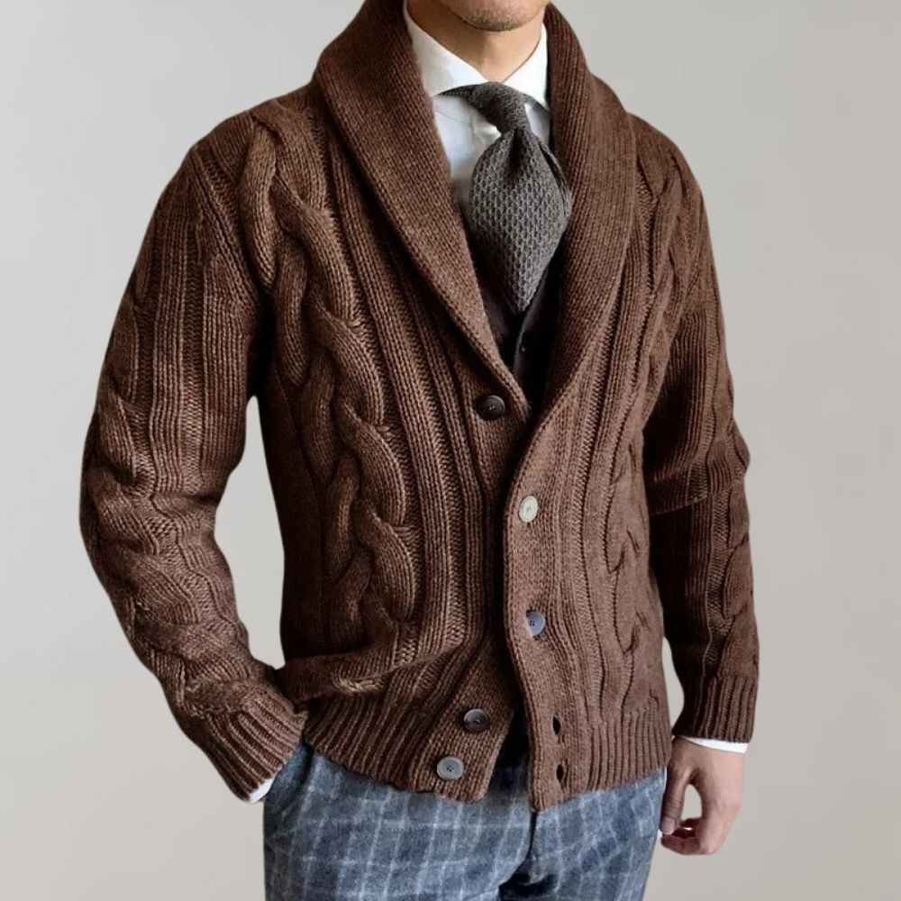 Cardigan Uomo a Maglia a Cavi con Collo a Sciarpa - Robusto ed Elegante